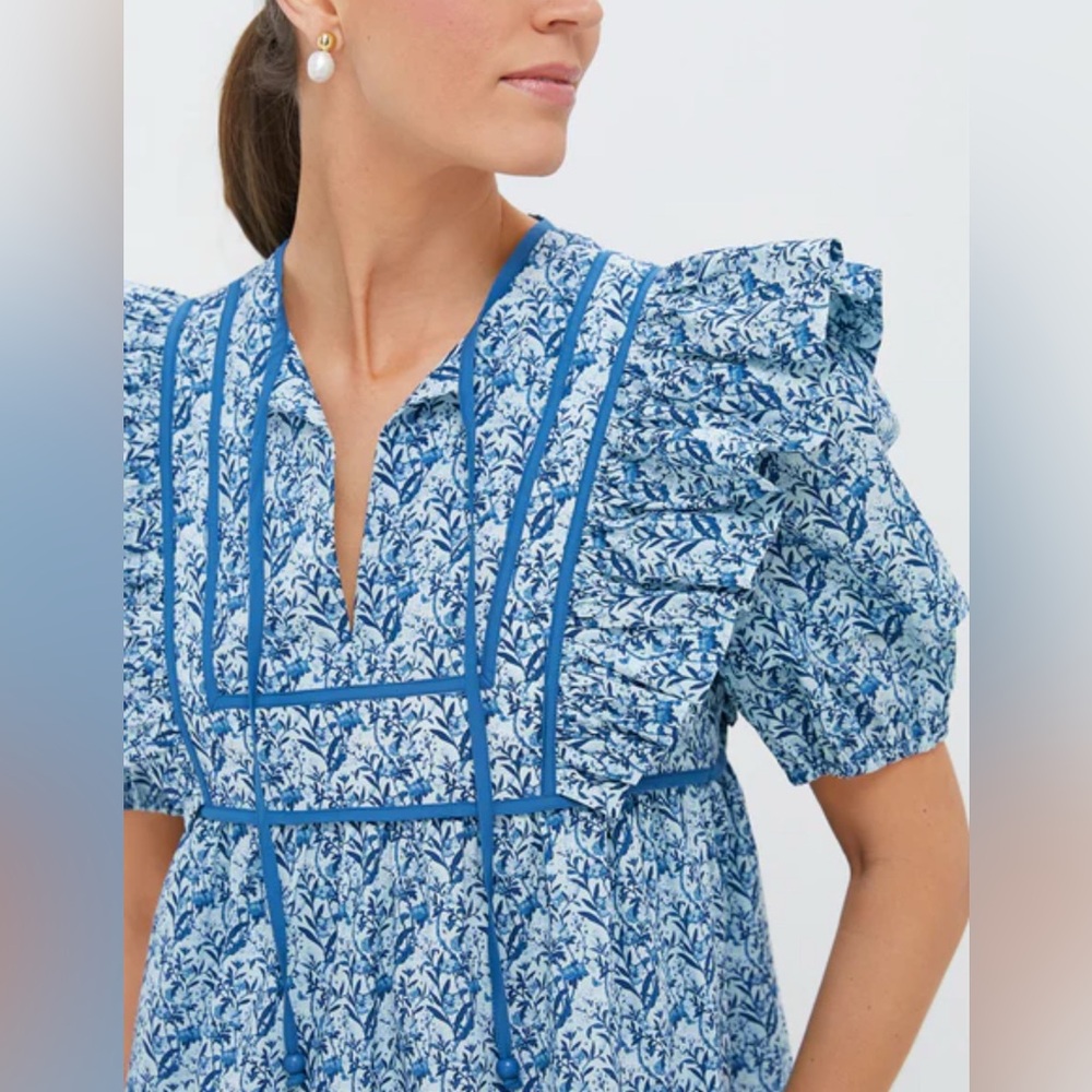 Blue Floral Ruffle-Sleeve Mini Dress - Picture 8 of 11
